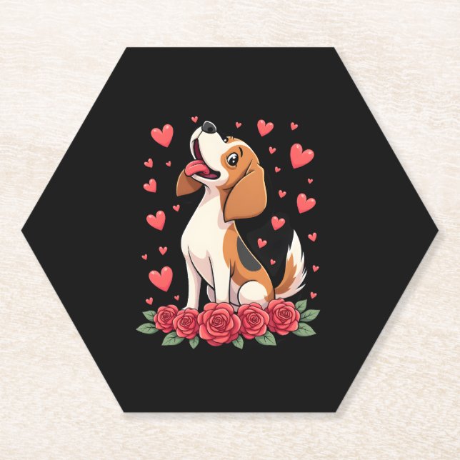 Cute Beagle with Red Roses Hearts Floral Valentine Paper Coaster (Front)