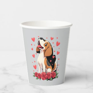 Cute Beagle with Red Roses Hearts Floral Valentine Paper Cups
