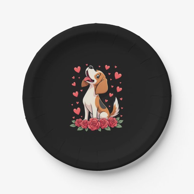 Cute Beagle with Red Roses Hearts Floral Valentine Paper Plate (Front)