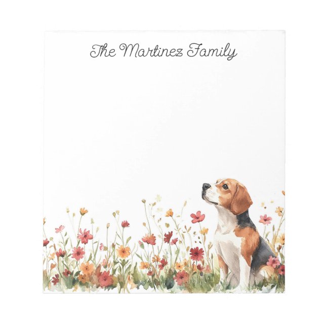 Cute Beagle with Wildflowers Personalised Notepad (Front)