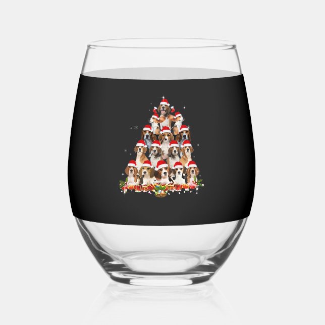Cute Beagles Christmas Tree Dog Santa Xmas Tee Fun Stemless Wine Glass (Front)