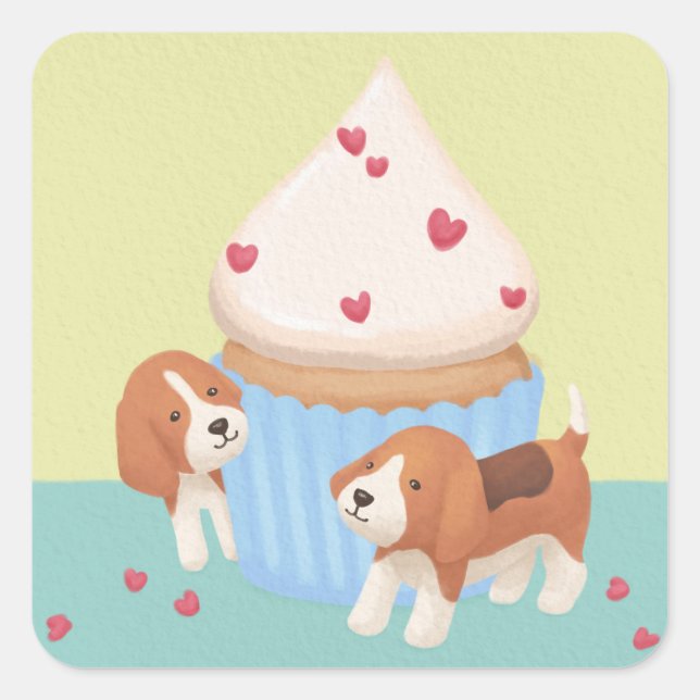 Cute Beagles & Cupcake Illustration Square Sticker (Front)