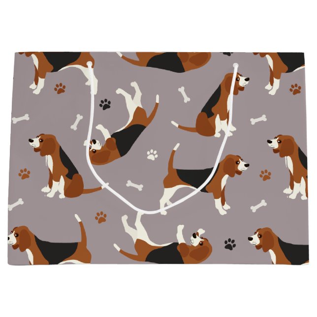 Cute Beagles Paws and Bones Grey Large Gift Bag (Front)