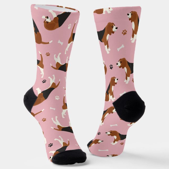 Cute Beagles Paws and Bones Pink Socks (Angled)