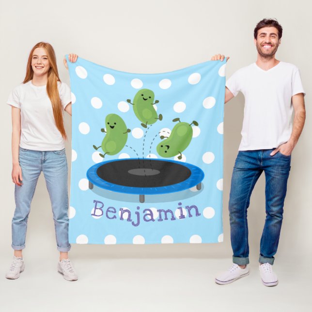 Cute beans jumping trampoline cartoon illustration fleece blanket (In Situ)