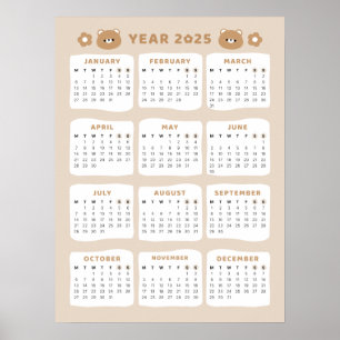 Cute Bear 2025 Calendar Poster