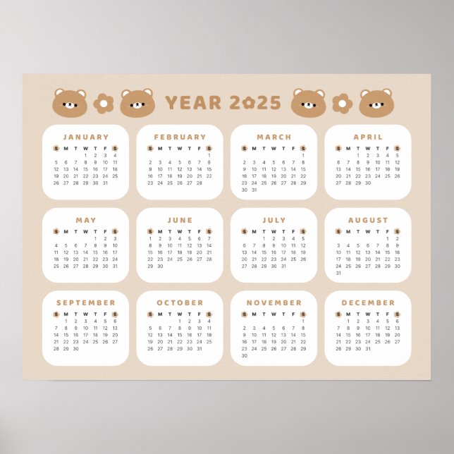 Cute Bear 2025 Calendar Poster (Front)