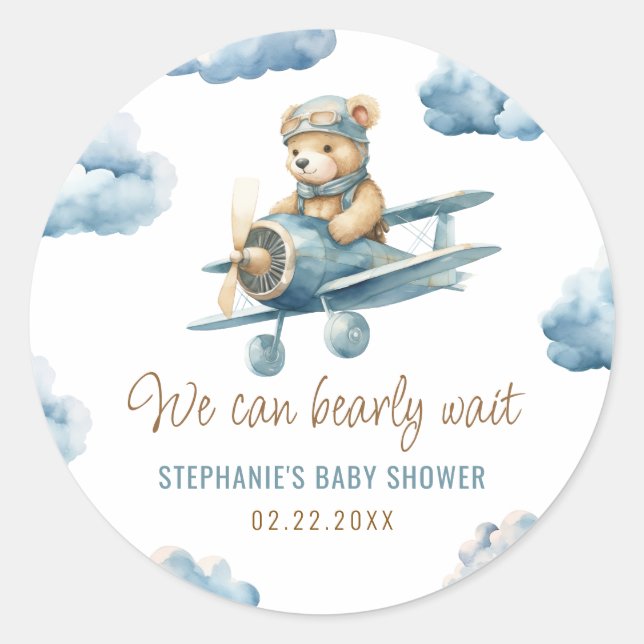 Cute Bear Aeroplane Blue Boy Baby Shower Classic Round Sticker (Front)