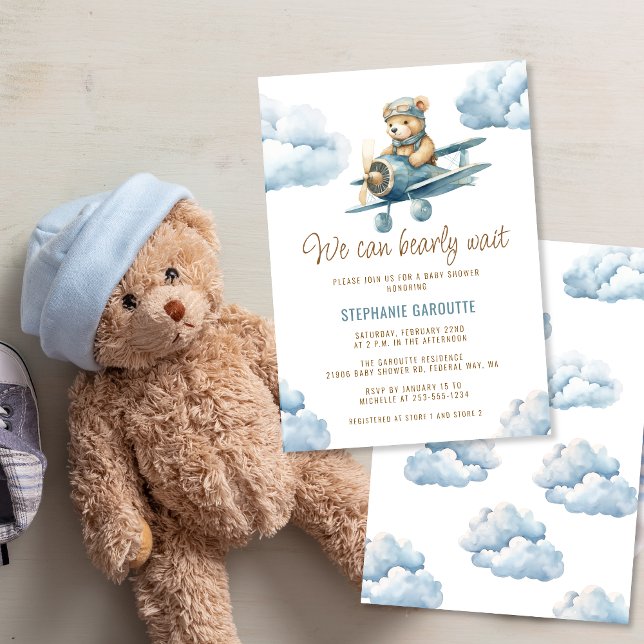 Cute Bear Aeroplane Blue Boy Baby Shower Invitation (Cute Bear Airplane Blue Boy Baby Shower Invitation
)