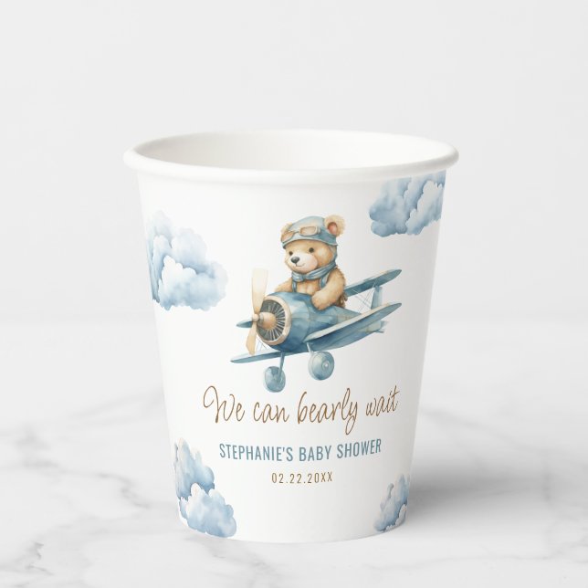 Cute Bear Aeroplane Blue Boy Baby Shower Paper Cups (Front)