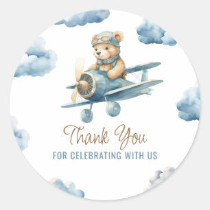 Cute Bear Aeroplane Blue Boy Baby Shower Thank You Classic Round Sticker