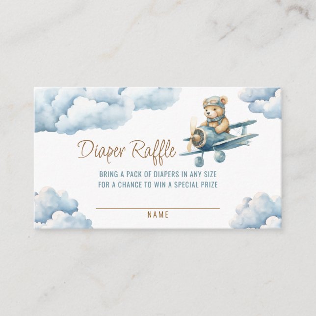 Cute Bear Aeroplane Blue Boy Diaper Raffle Enclosure Card (Front)