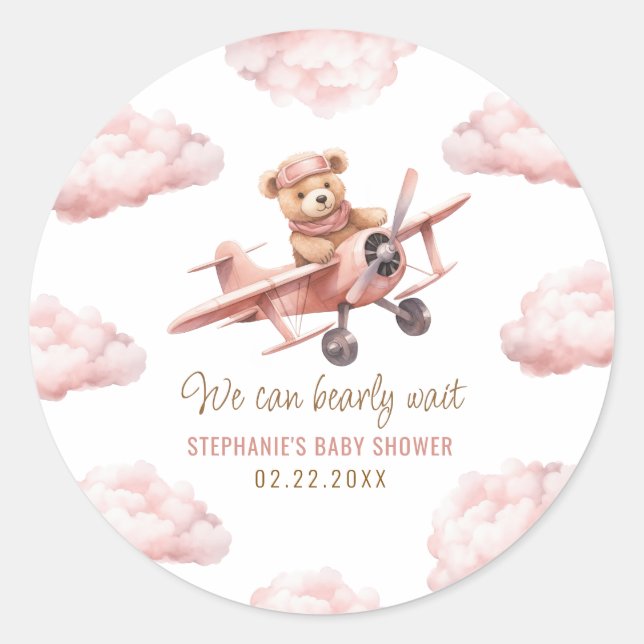 Cute Bear Aeroplane Pink Girl Baby Shower Classic Round Sticker (Front)
