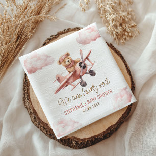 Cute Bear Aeroplane Pink Girl Baby Shower Napkin