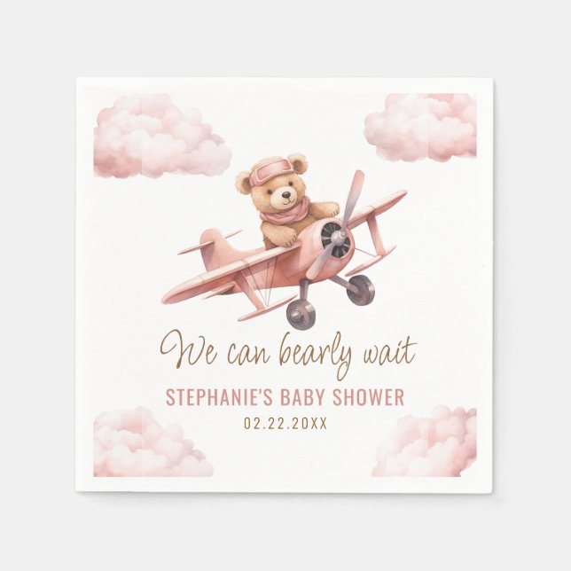 Cute Bear Aeroplane Pink Girl Baby Shower Napkin (Front)
