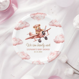 Cute Bear Aeroplane Pink Girl Baby Shower Paper Plate