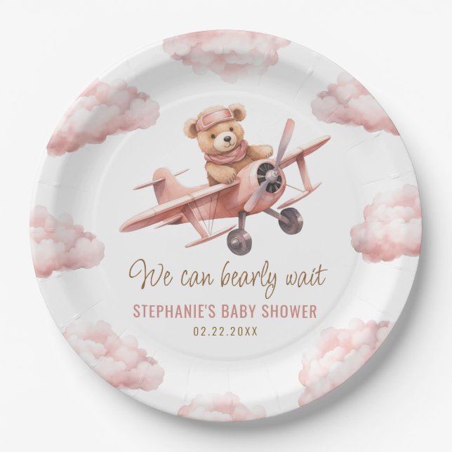 Cute Bear Aeroplane Pink Girl Baby Shower Paper Plate (Front)