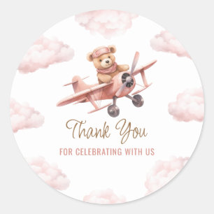 Cute Bear Aeroplane Pink Girl Baby Shower Thank Yo Classic Round Sticker