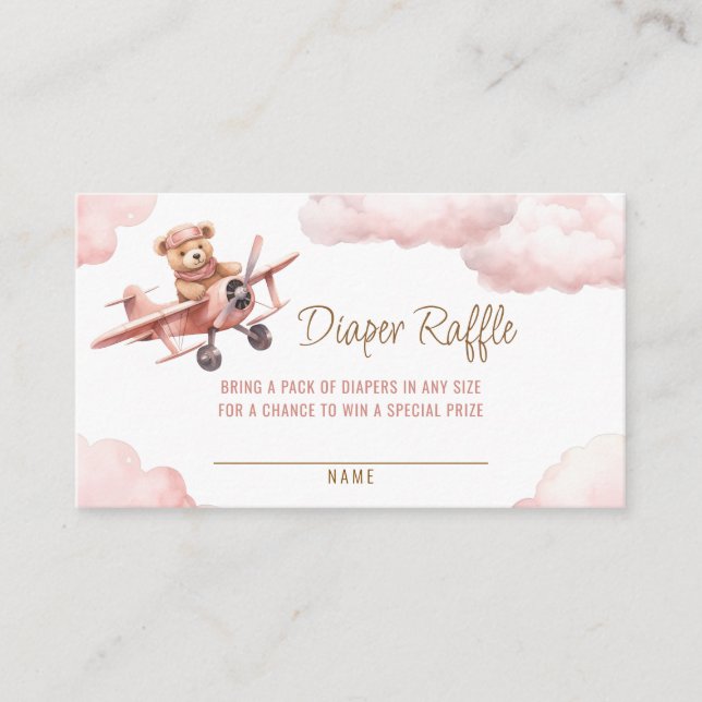 Cute Bear Aeroplane Pink Girl Diaper Raffle Enclosure Card (Front)