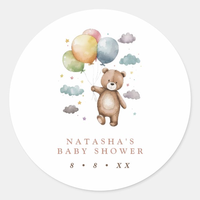 Cute Bear and Balloons Baby Shower Favour Classic Round Sticker (Front)