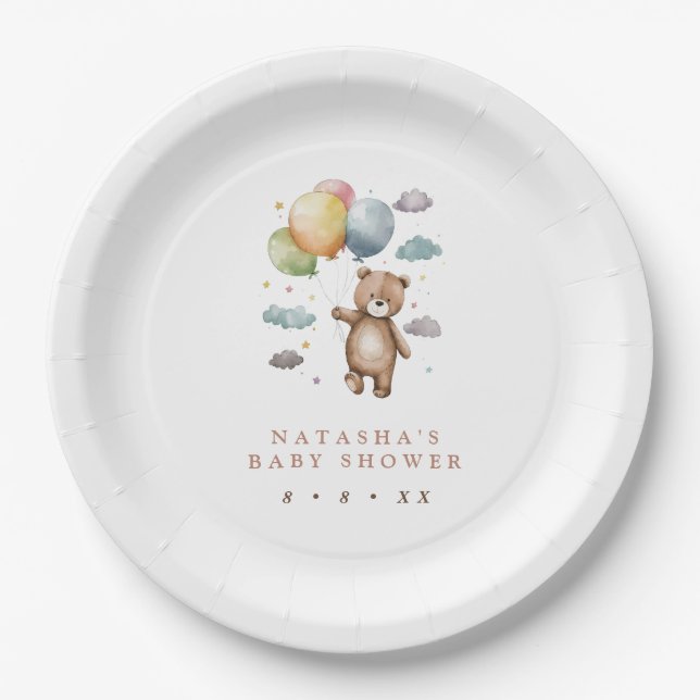 Cute Bear and Balloons Baby Shower Paper Plate (Front)