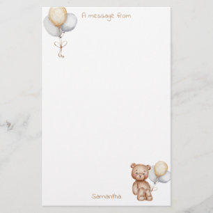 Cute Bear and Balloons Gold Silver Custom Stationery