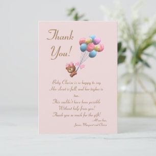 Cute Bear and Balloons Theme Flat Thank You Card