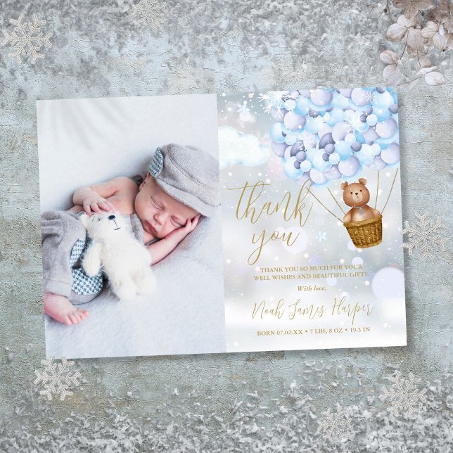 Cute Bear And Blue Balloons Winter Baby Photo Thank You Card (Cute Bear And Blue Balloons Winter Baby Photo Thank You Card)