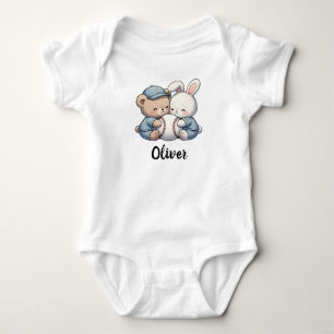 Cute Bear and Bunny Baseball Team Baby Bodysuit