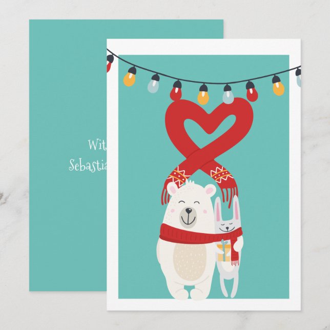 Cute Bear And Bunny Personalized Christmas Holiday Card (Front/Back)
