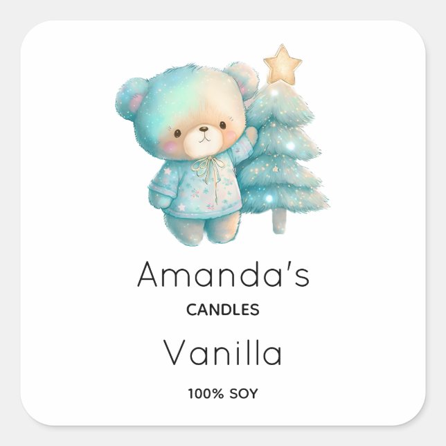 Cute Bear and Christmas Tree  Candle Business Square Sticker (Front)