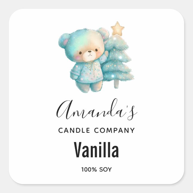 Cute Bear and Christmas Tree - Candle Business Square Sticker (Front)