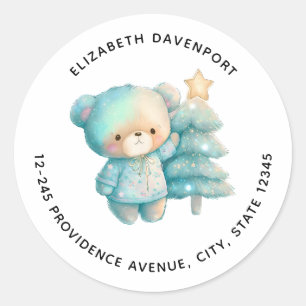 Cute Bear and Christmas Tree Holiday Address Classic Round Sticker