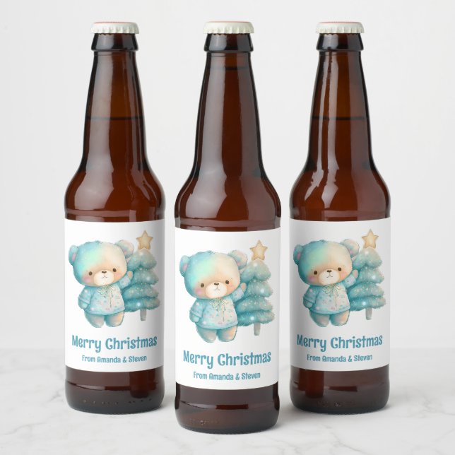 Cute Bear and Christmas Tree Holiday Beer Bottle Label (Bottles)