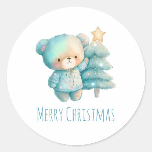Cute Bear and Christmas Tree Holiday Classic Round Sticker