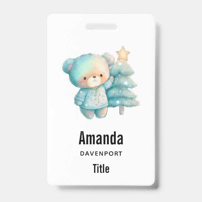 Cute Bear and Christmas Tree Holiday ID Badge (Front)