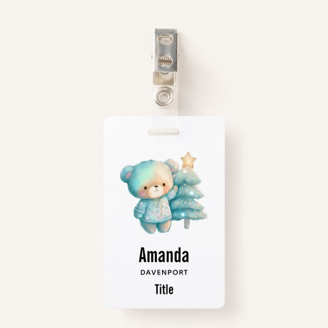 Cute Bear and Christmas Tree Holiday ID Badge (Front with Clip)