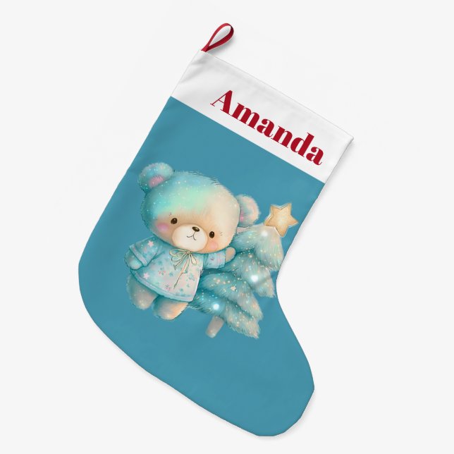 Cute Bear and Christmas Tree Holiday Large Christmas Stocking (Front (Hanging))