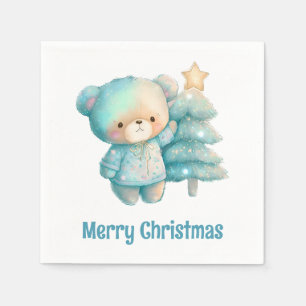 Cute Bear and Christmas Tree Holiday Napkin