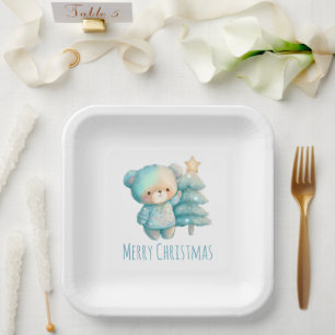 Cute Bear and Christmas Tree Holiday Paper Plate