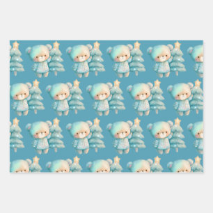 Cute Bear and Christmas Tree Holiday Pattern Wrapping Paper Sheet
