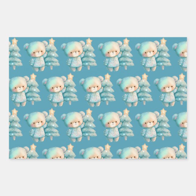 Cute Bear and Christmas Tree Holiday Pattern Wrapping Paper Sheet (Front)
