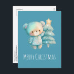 Cute Bear and Christmas Tree Holiday Postcard<br><div class="desc">Christmas postcard with an adorable illustration. A cosy bear with stars and sparkles in its fur. Standing beside a Christmas tree. Pastel blue-green colour. Whimsical and cute.</div>