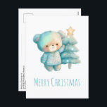 Cute Bear and Christmas Tree Holiday Postcard<br><div class="desc">Christmas postcard with an adorable illustration. A cosy bear with stars and sparkles in its fur. Standing beside a Christmas tree. Pastel blue-green colour. Whimsical and cute.</div>