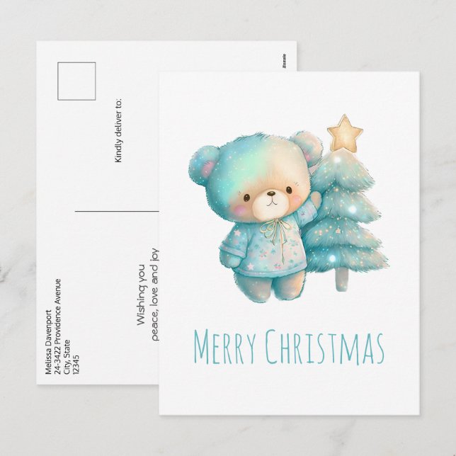 Cute Bear and Christmas Tree Holiday Postcard (Front/Back)