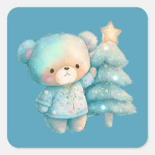 Cute Bear and Christmas Tree Holiday Square Sticker