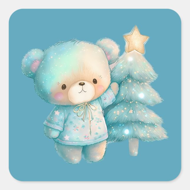 Cute Bear and Christmas Tree Holiday Square Sticker (Front)