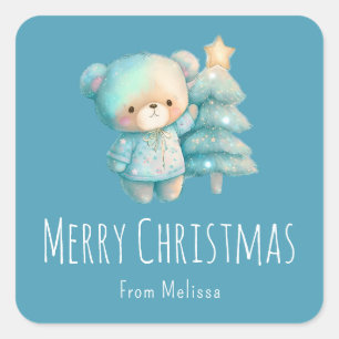 Cute Bear and Christmas Tree Holiday Square Sticker