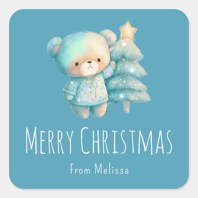 Cute Bear and Christmas Tree Holiday Square Sticker (Front)