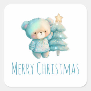Cute Bear and Christmas Tree Holiday Square Sticker